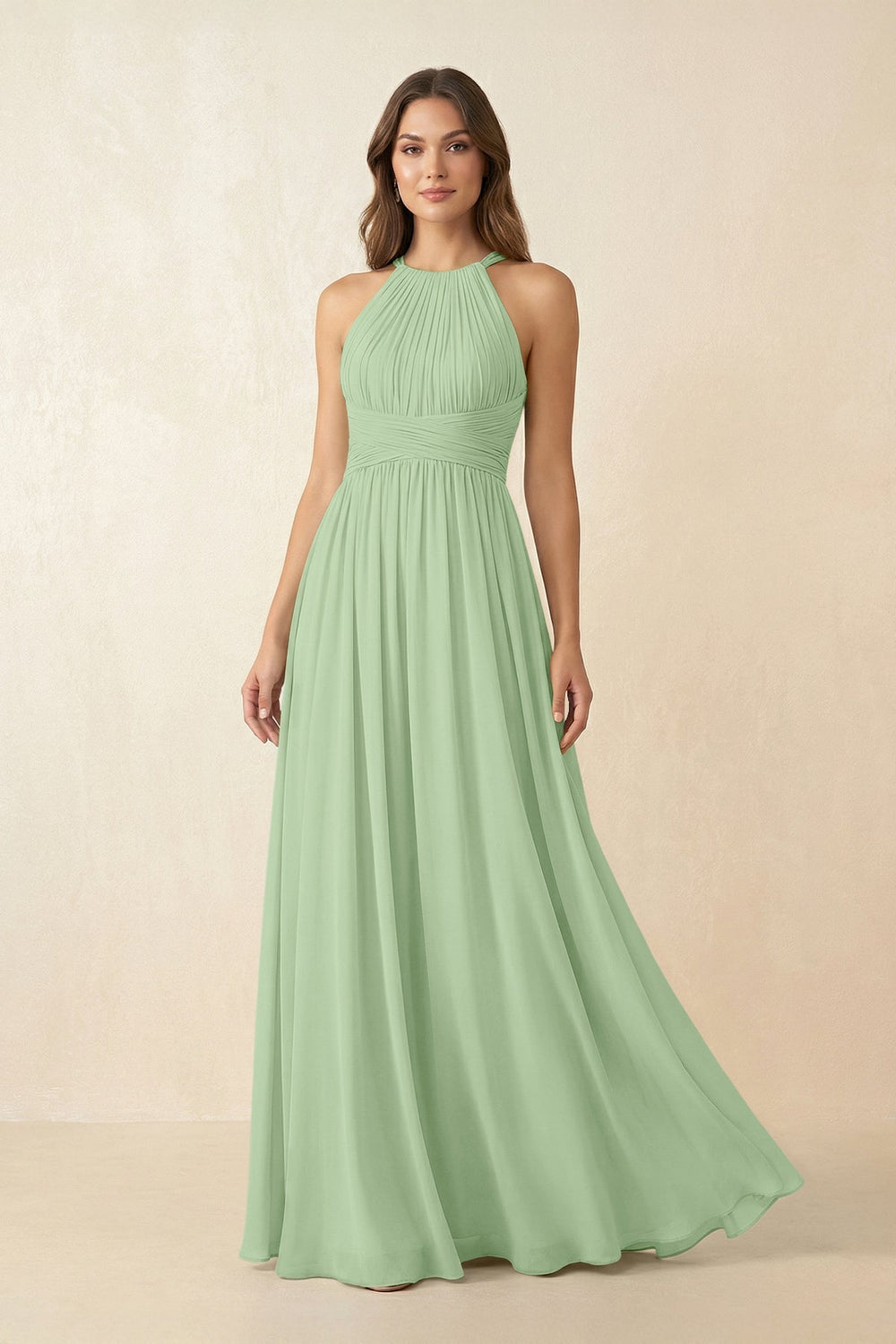 Halter Pleated A - Line Chiffon Bridesmaid Dress in Sage - SHE IS ME Bridesmaid Dresses
