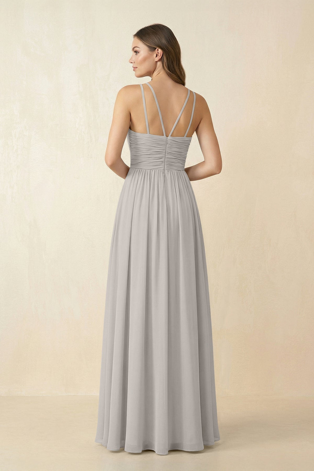 Halter Pleated A - Line Chiffon Bridesmaid Dress in Silver - SHE IS ME Bridesmaid Dresses