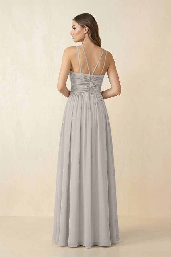 Halter Pleated A - Line Chiffon Bridesmaid Dress in Silver - SHE IS ME Bridesmaid Dresses