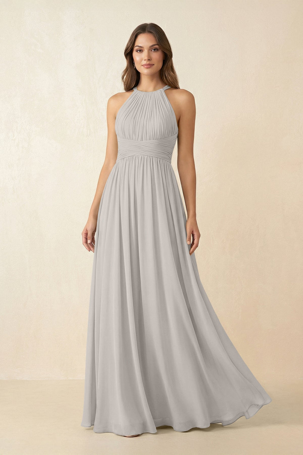 Halter Pleated A - Line Chiffon Bridesmaid Dress in Silver - SHE IS ME Bridesmaid Dresses