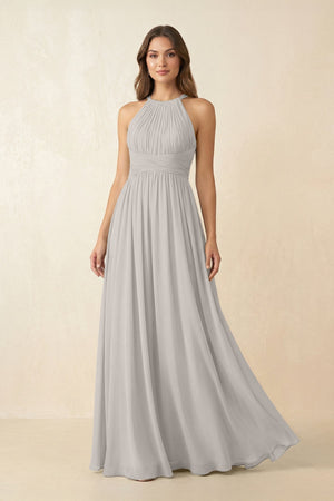 Halter Pleated A - Line Chiffon Bridesmaid Dress in Silver - SHE IS ME Bridesmaid Dresses