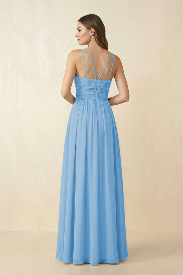 Halter Pleated A - Line Chiffon Bridesmaid Dress in Steel Blue - SHE IS ME Bridesmaid Dresses