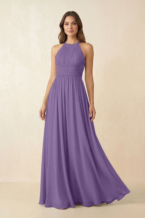 Halter Pleated A - Line Chiffon Bridesmaid Dress in Tahiti - SHE IS ME Bridesmaid Dresses