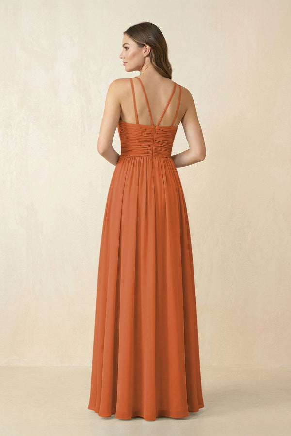 Halter Pleated A - Line Chiffon Bridesmaid Dress in Terracotta - SHE IS ME Bridesmaid Dresses