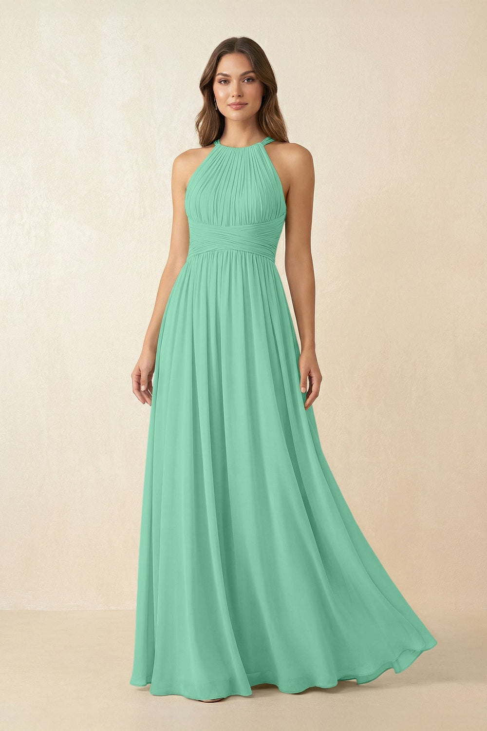 Halter Pleated A - Line Chiffon Bridesmaid Dress in Turquoise - SHE IS ME Bridesmaid Dresses