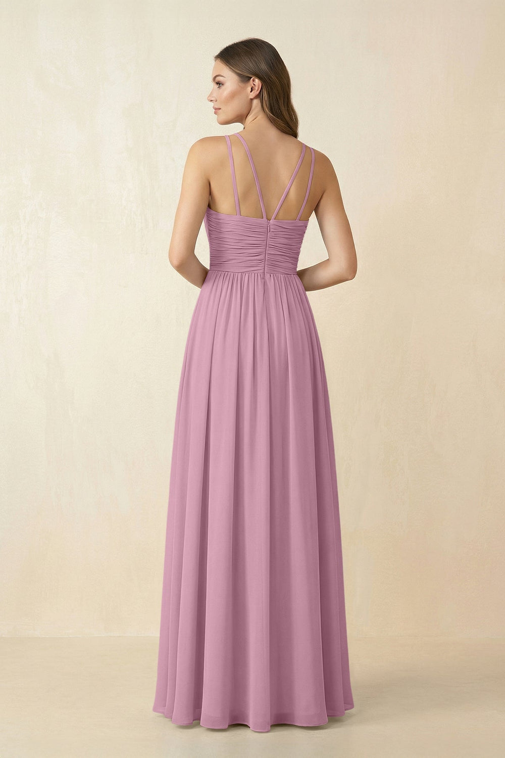 Halter Pleated A - Line Chiffon Bridesmaid Dress in Vintage Mauve - SHE IS ME Bridesmaid Dresses