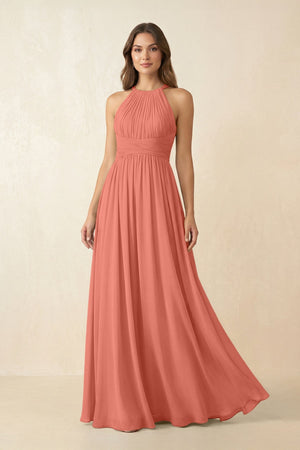 Halter Pleated A - Line Chiffon Bridesmaid Dress in Wild Rose - SHE IS ME Bridesmaid Dresses