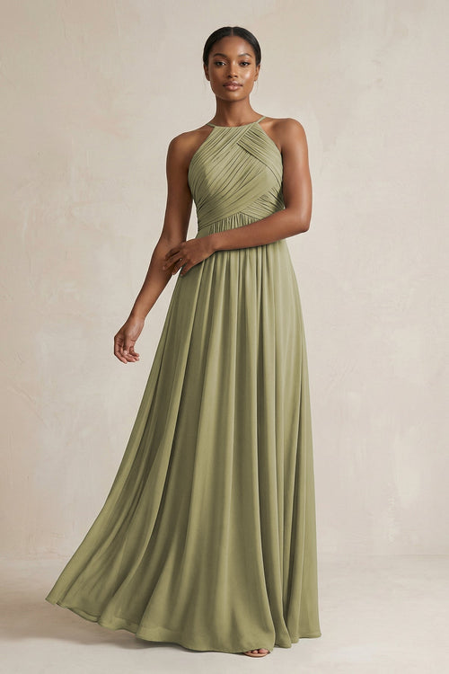 Halter Pleated Chiffon A - Line Bridesmaid Dress in Thyme - SHE IS ME Bridesmaid Dresses