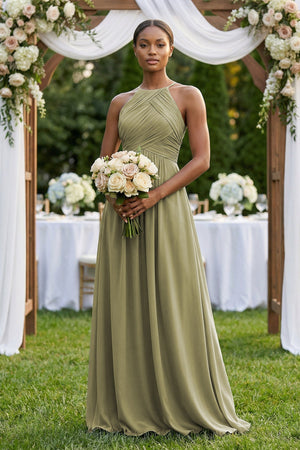 Halter Pleated Chiffon A - Line Bridesmaid Dress in Thyme - SHE IS ME Bridesmaid Dresses