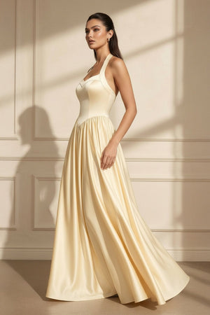 Halter Satin A - Line Maxi Dress in Yellow - SHE IS ME