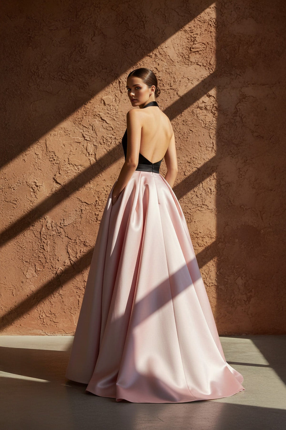 Halter Satin Gown in Black and Pink - SHE IS ME