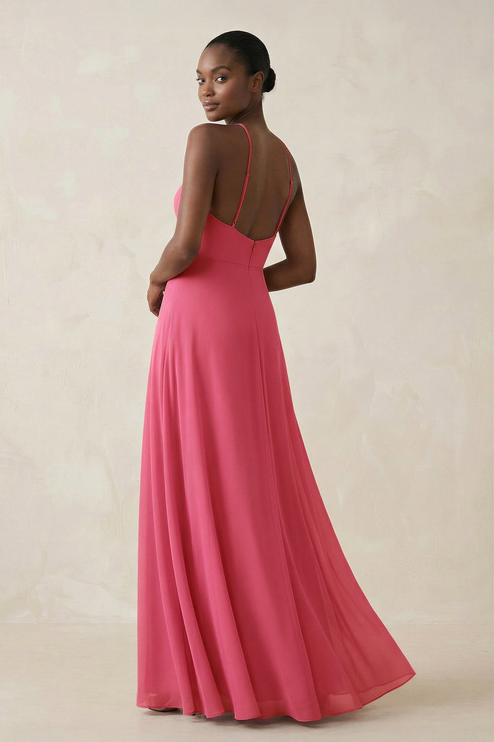 Halter Sheath Chiffon Bridesmaid Dress with Slit in Fuchsia - SHE IS ME Bridesmaid Dresses