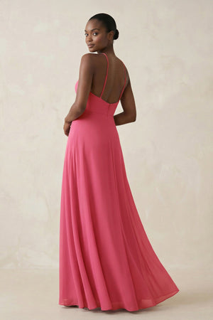 Halter Sheath Chiffon Bridesmaid Dress with Slit in Fuchsia - SHE IS ME Bridesmaid Dresses