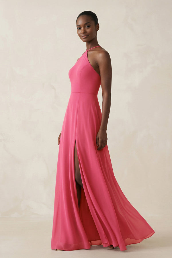 Halter Sheath Chiffon Bridesmaid Dress with Slit in Fuchsia - SHE IS ME Bridesmaid Dresses