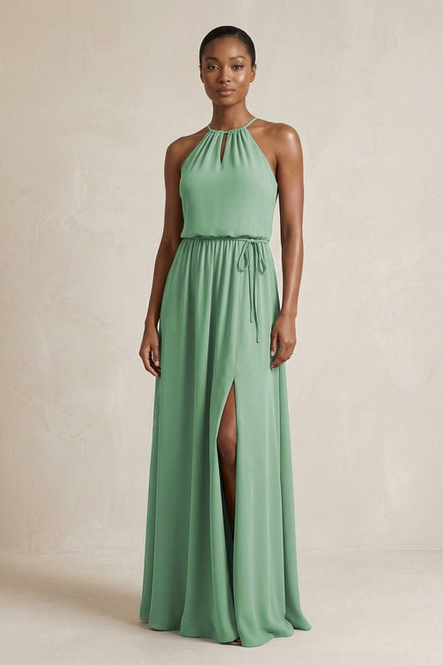 Halter Sheath Ruched Chiffon Bridesmaid Dress in Sea Glass - SHE IS ME Bridesmaid Dresses