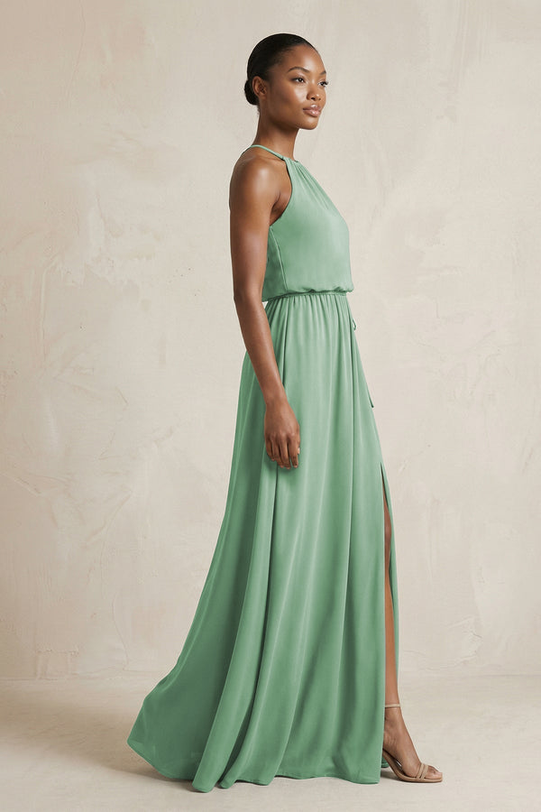 Halter Sheath Ruched Chiffon Bridesmaid Dress in Sea Glass - SHE IS ME Bridesmaid Dresses