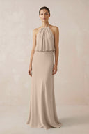 Halter Sheath Ruffled Chiffon Bridesmaid Dress in Almond - SHE IS ME Bridesmaid Dresses