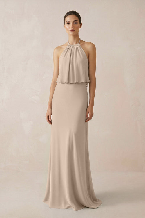 Halter Sheath Ruffled Chiffon Bridesmaid Dress in Almond - SHE IS ME Bridesmaid Dresses