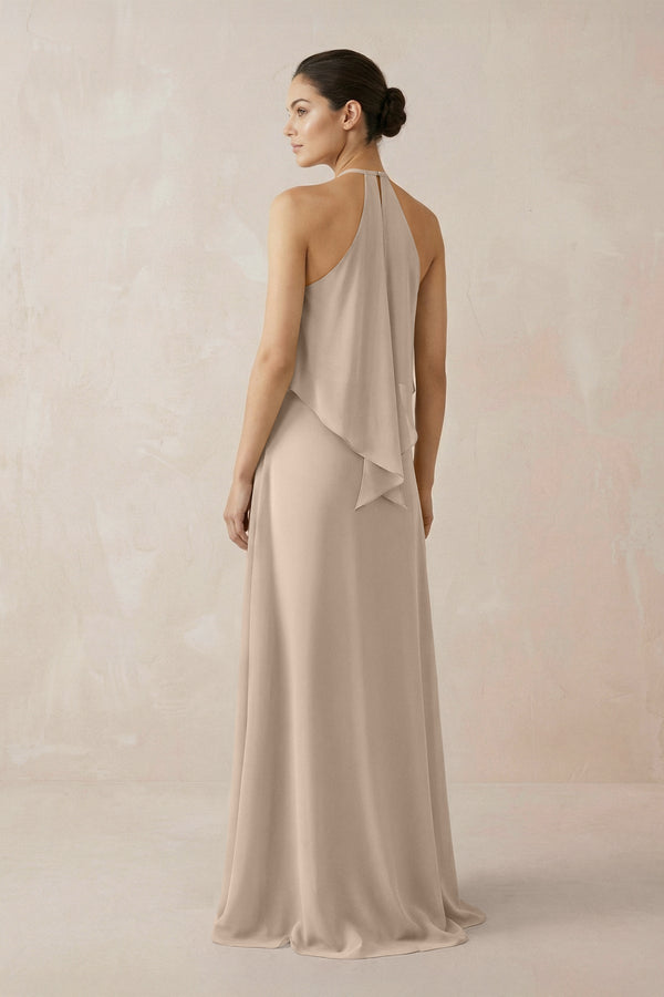 Halter Sheath Ruffled Chiffon Bridesmaid Dress in Almond - SHE IS ME Bridesmaid Dresses