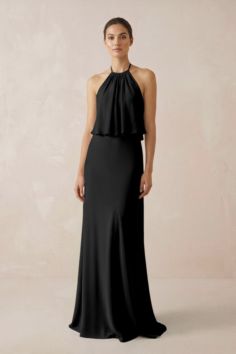 Halter Sheath Ruffled Chiffon Bridesmaid Dress in Black - SHE IS ME Bridesmaid Dresses