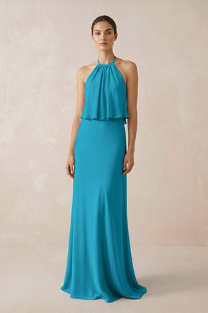 Halter Sheath Ruffled Chiffon Bridesmaid Dress in Blue Jay - SHE IS ME Bridesmaid Dresses