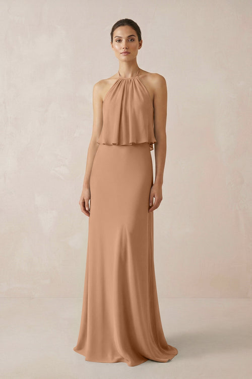 Halter Sheath Ruffled Chiffon Bridesmaid Dress in Bronzer - SHE IS ME Bridesmaid Dresses