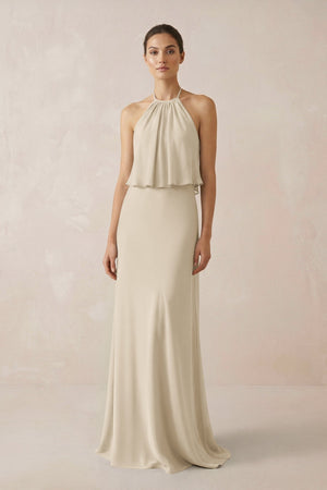 Halter Sheath Ruffled Chiffon Bridesmaid Dress in Champagne - SHE IS ME Bridesmaid Dresses