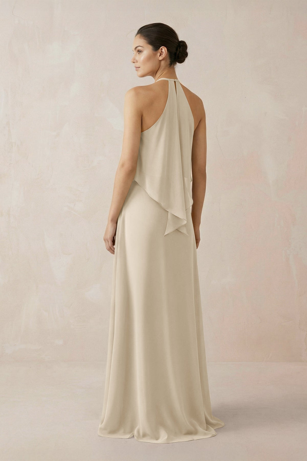 Halter Sheath Ruffled Chiffon Bridesmaid Dress in Champagne - SHE IS ME Bridesmaid Dresses