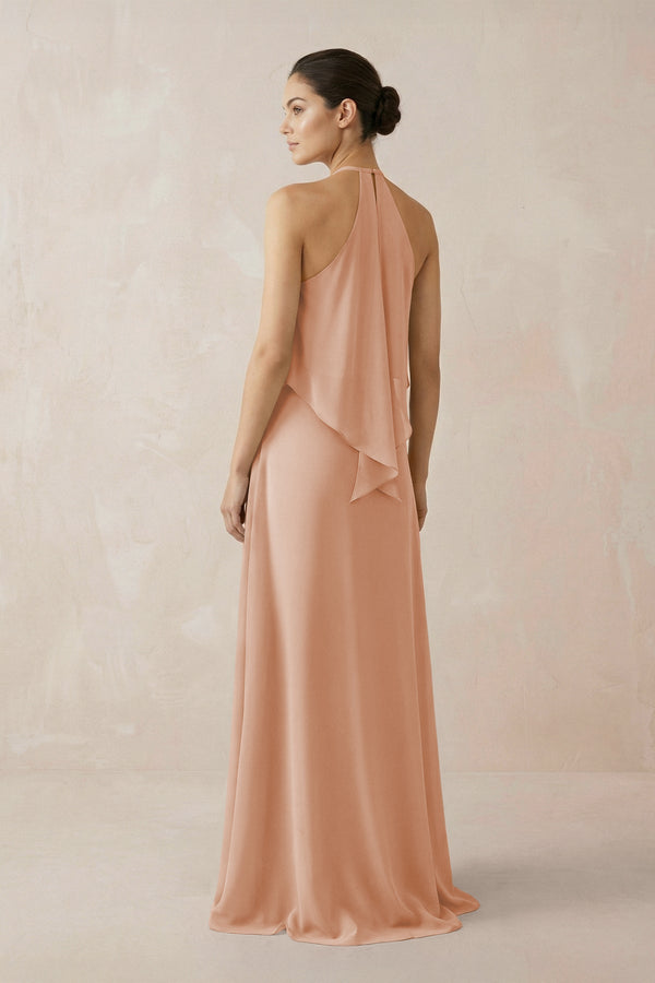 Halter Sheath Ruffled Chiffon Bridesmaid Dress in Champagne Rose - SHE IS ME Bridesmaid Dresses