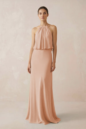 Halter Sheath Ruffled Chiffon Bridesmaid Dress in Champagne Rose - SHE IS ME Bridesmaid Dresses