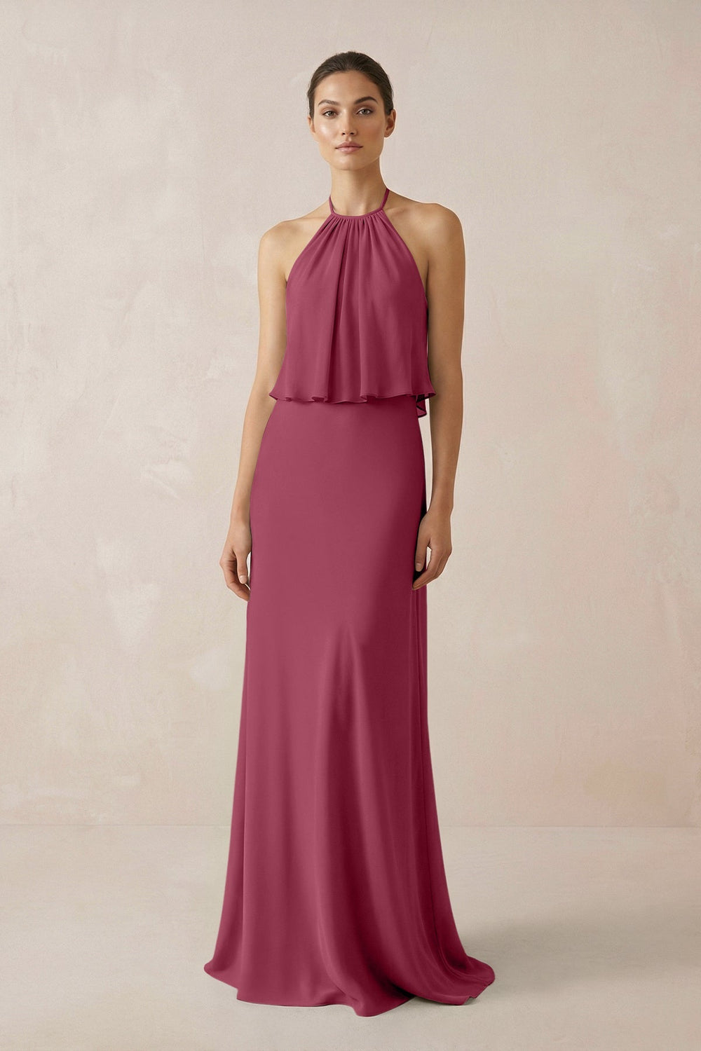 Halter Sheath Ruffled Chiffon Bridesmaid Dress in Desert Rose - SHE IS ME Bridesmaid Dresses