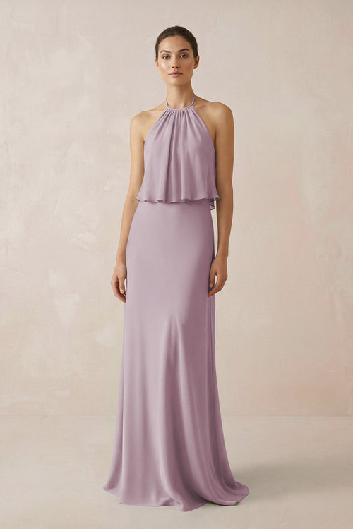 Halter Sheath Ruffled Chiffon Bridesmaid Dress in Dusk - SHE IS ME Bridesmaid Dresses