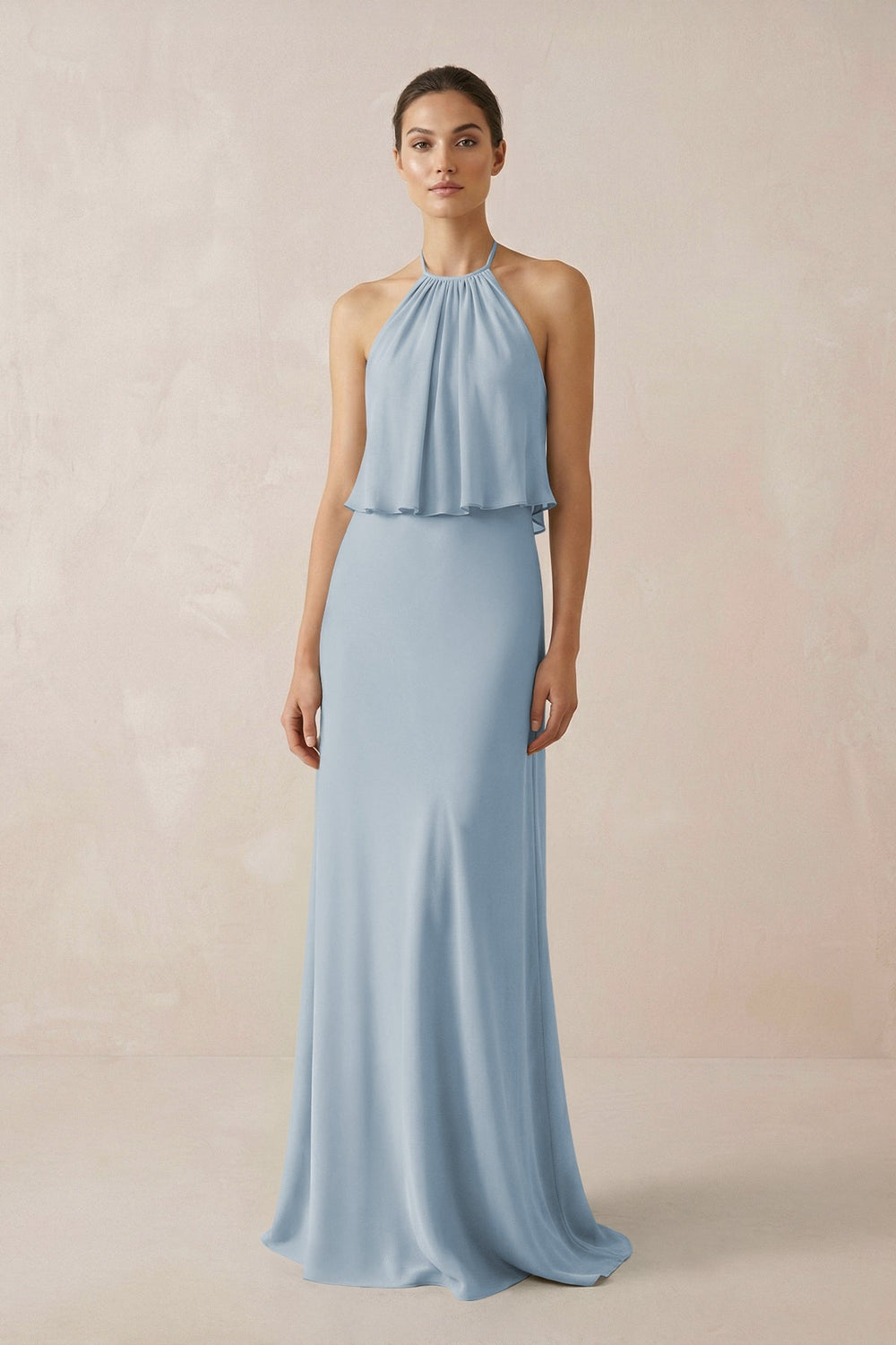 Halter Sheath Ruffled Chiffon Bridesmaid Dress in Dusty Blue - SHE IS ME Bridesmaid Dresses
