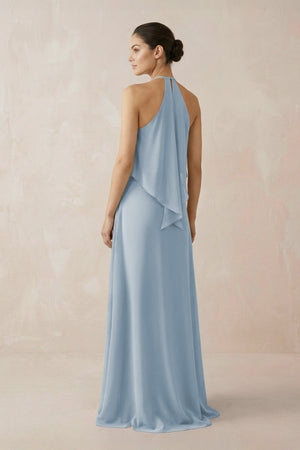 Halter Sheath Ruffled Chiffon Bridesmaid Dress in Dusty Blue - SHE IS ME Bridesmaid Dresses