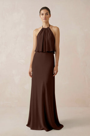 Halter Sheath Ruffled Chiffon Bridesmaid Dress in Espresso - SHE IS ME Bridesmaid Dresses