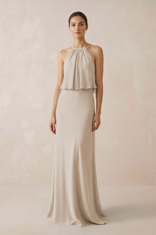 Halter Sheath Ruffled Chiffon Bridesmaid Dress in Frost - SHE IS ME Bridesmaid Dresses