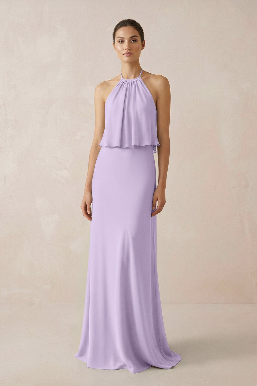 Halter Sheath Ruffled Chiffon Bridesmaid Dress in Lavender - SHE IS ME Bridesmaid Dresses