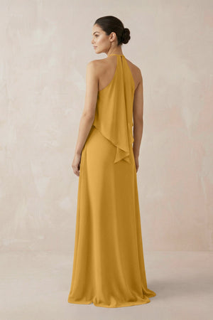 Halter Sheath Ruffled Chiffon Bridesmaid Dress in Marigold - SHE IS ME Bridesmaid Dresses