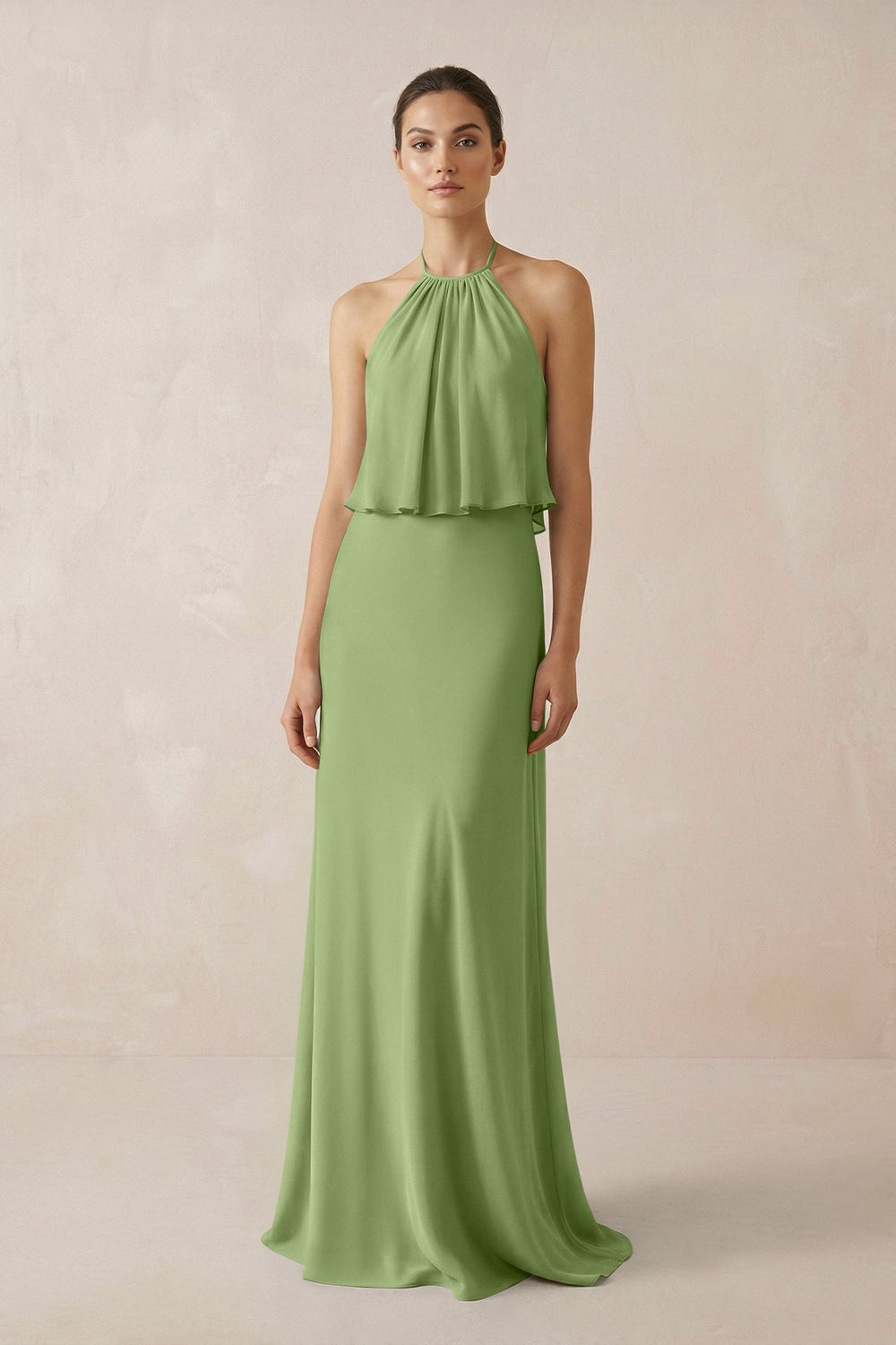 Halter Sheath Ruffled Chiffon Bridesmaid Dress in Matcha - SHE IS ME Bridesmaid Dresses