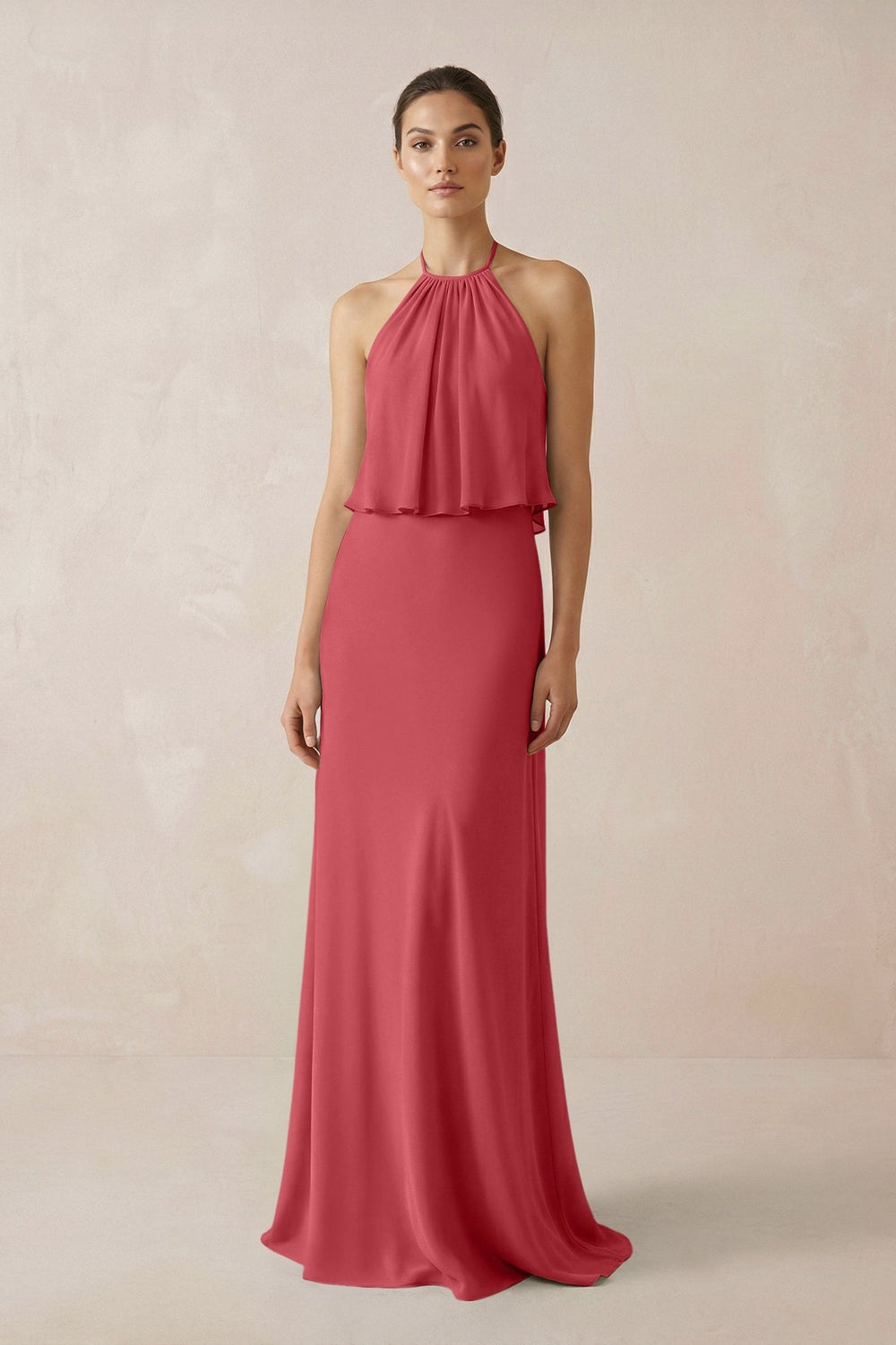 Halter Sheath Ruffled Chiffon Bridesmaid Dress in Merlot - SHE IS ME Bridesmaid Dresses