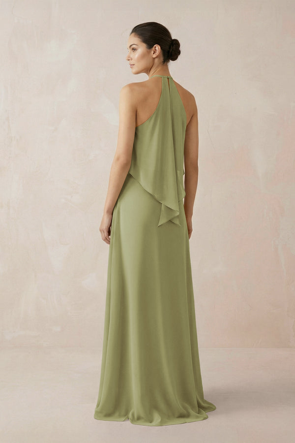Halter Sheath Ruffled Chiffon Bridesmaid Dress in Moss Green - SHE IS ME Bridesmaid Dresses