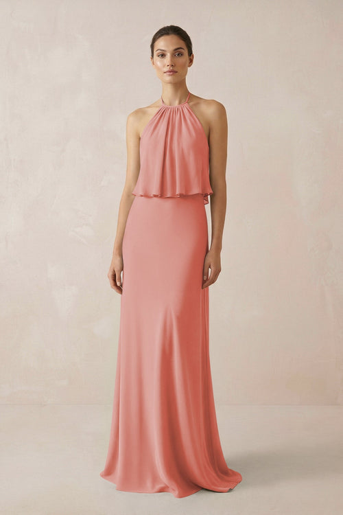Halter Sheath Ruffled Chiffon Bridesmaid Dress in Mulberry - SHE IS ME Bridesmaid Dresses