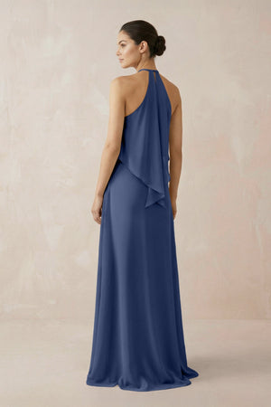 Halter Sheath Ruffled Chiffon Bridesmaid Dress in Navy - SHE IS ME Bridesmaid Dresses