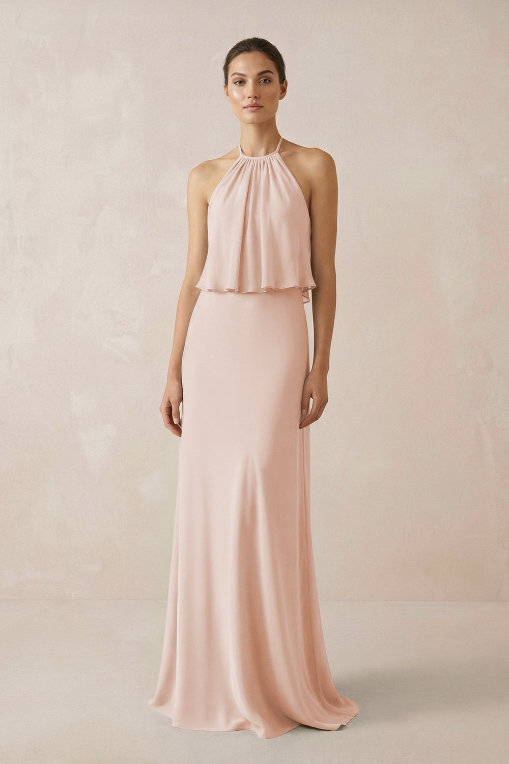 Halter Sheath Ruffled Chiffon Bridesmaid Dress in Pale Blush - SHE IS ME Bridesmaid Dresses