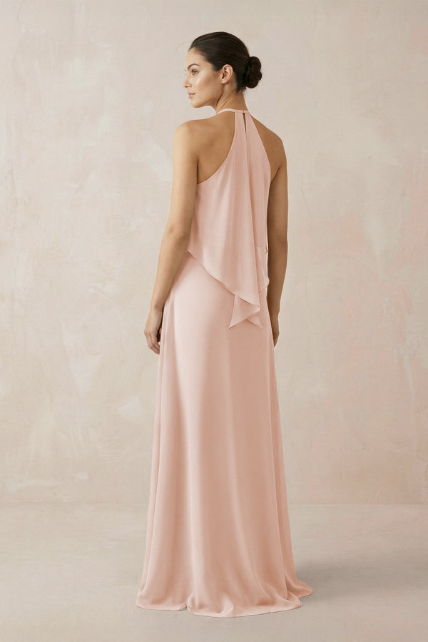 Halter Sheath Ruffled Chiffon Bridesmaid Dress in Pale Blush - SHE IS ME Bridesmaid Dresses