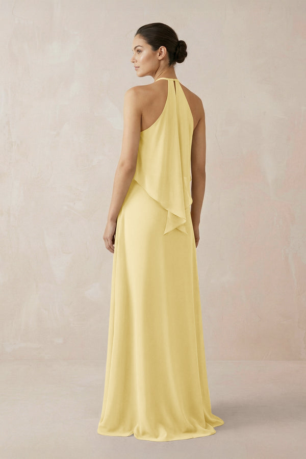 Halter Sheath Ruffled Chiffon Bridesmaid Dress in Pastel Yellow - SHE IS ME Bridesmaid Dresses