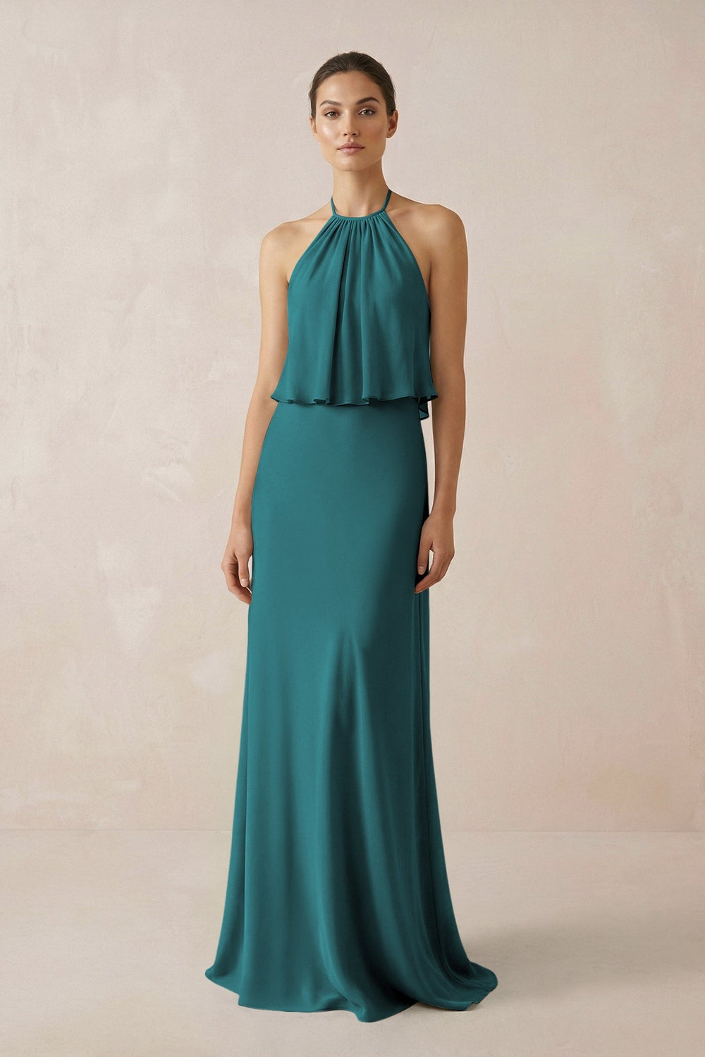 Halter Sheath Ruffled Chiffon Bridesmaid Dress in Pine - SHE IS ME Bridesmaid Dresses