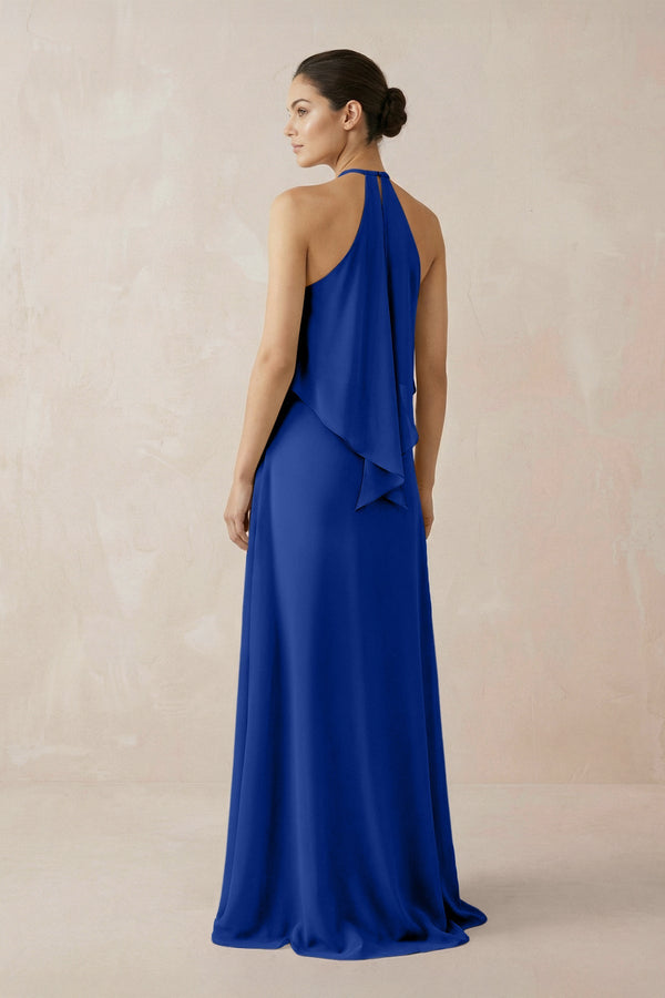 Halter Sheath Ruffled Chiffon Bridesmaid Dress in Royal Blue - SHE IS ME Bridesmaid Dresses