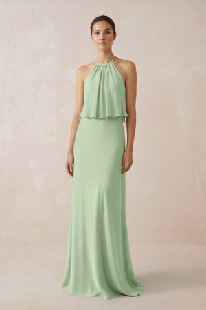 Halter Sheath Ruffled Chiffon Bridesmaid Dress in Sage - SHE IS ME Bridesmaid Dresses