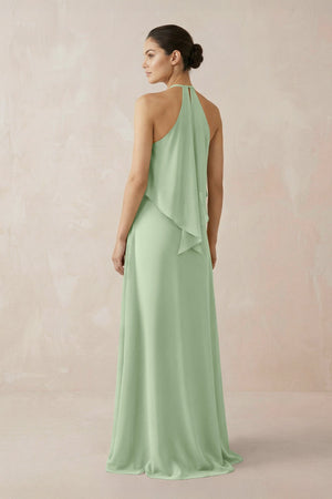 Halter Sheath Ruffled Chiffon Bridesmaid Dress in Sage - SHE IS ME Bridesmaid Dresses